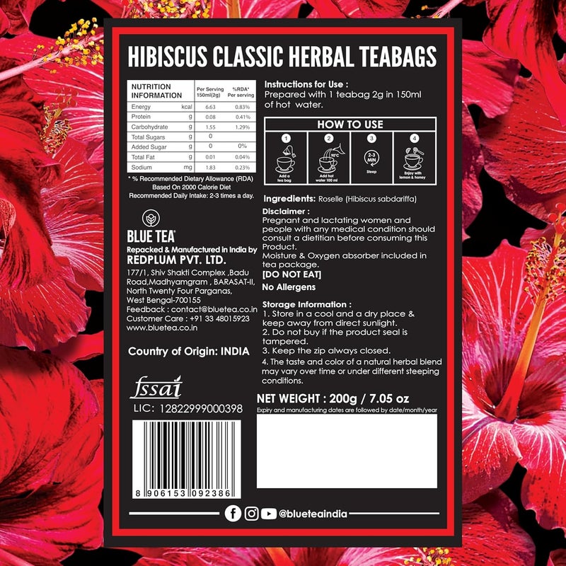 BLUE TEA Hibiscus Classic Herbal Tea - 100 Pyramid Teabags - Caffeine Free & Vegan - Image 3